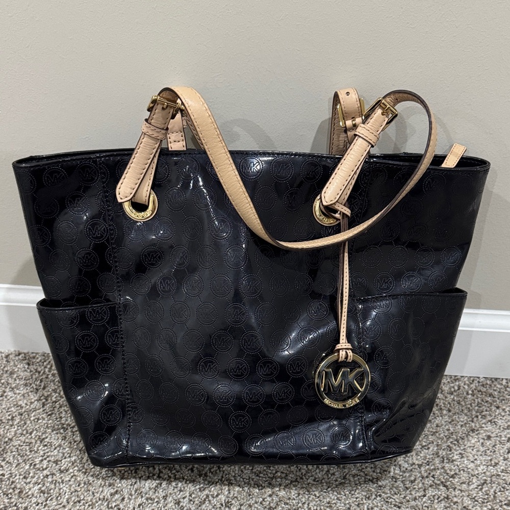 Michael Kors Black Patent Tote with Beige Leather Straps and Gold Hardware